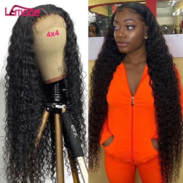 

lace wigs lemoda curly closure wig deep wave human hair preplucked 4x4 frontal kinky remy peruvian front for women, Black;brown