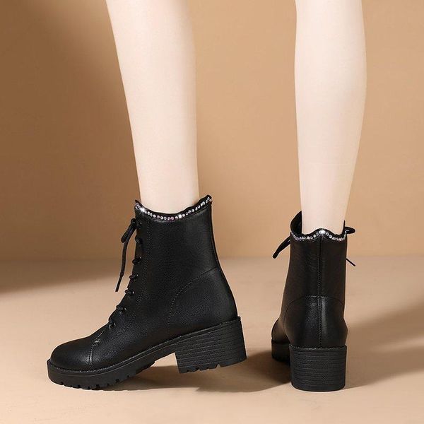 

boots 2021 winter women crystal ankle lace up motorcyle chunky heels ladies shoes platform rhinestone botas mujer 8534g, Black