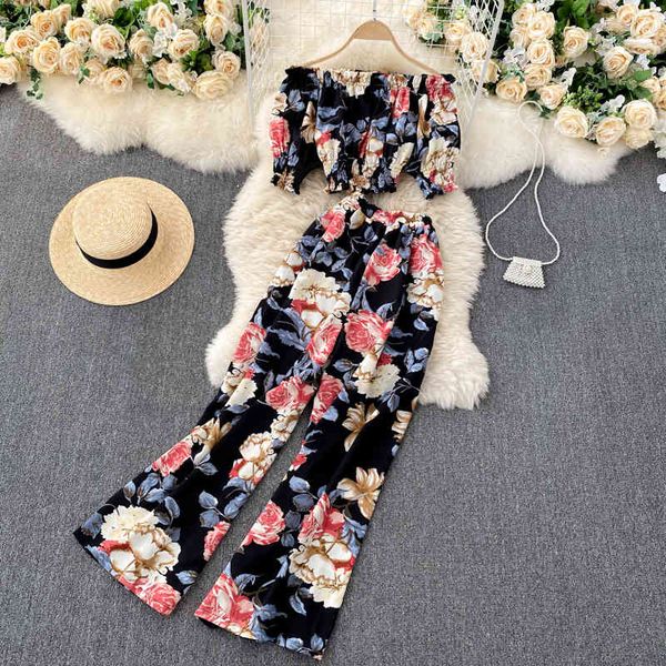 

tracksuits women summer slash neck sleeve ruched beach elastic waist wide leg pants fashion print floral suit, Gray