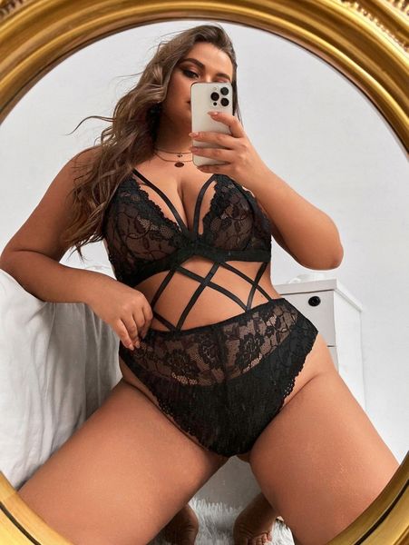 

plus floral lace harness lingerie set without panty u0yx#, Black;white