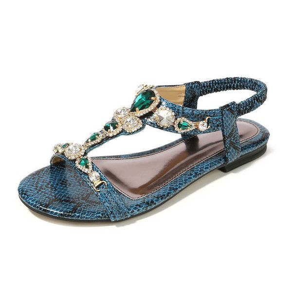 

2021 summer new sandals green retro bohemian rhinestone beaded snake pattern flat sandals comfortable women's shoes size 35-45 y0721, Black