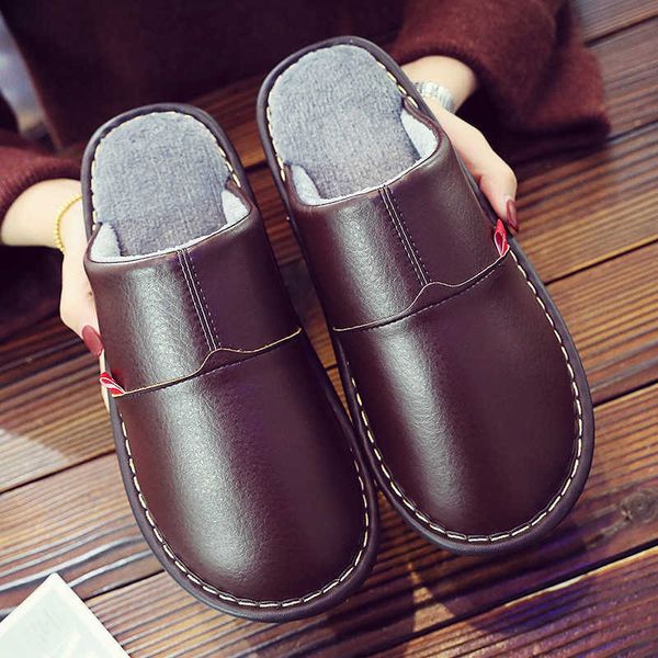 

women's slippers home shoes 2020 new winter ladies non slip pu leather indoor slippers for woman windproof designer family y0731, Black