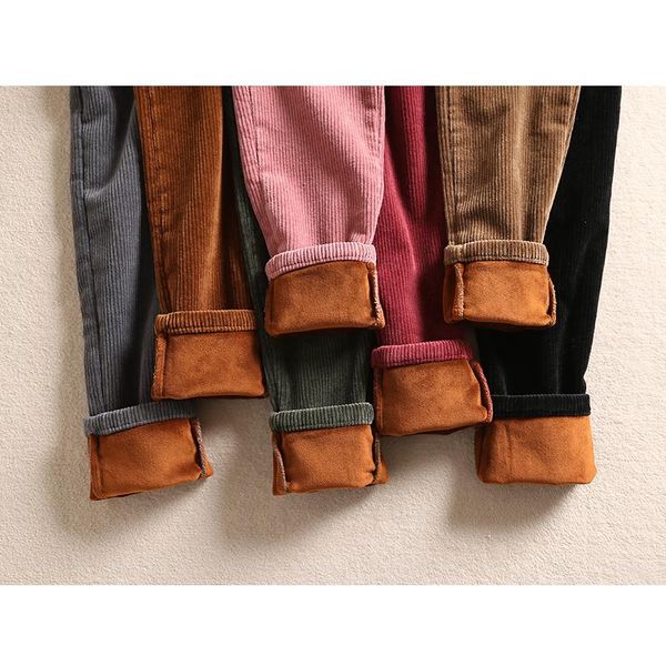 

women's pants & capris winter thicken corduroy women plus velvet elastic waist trousers, Black;white