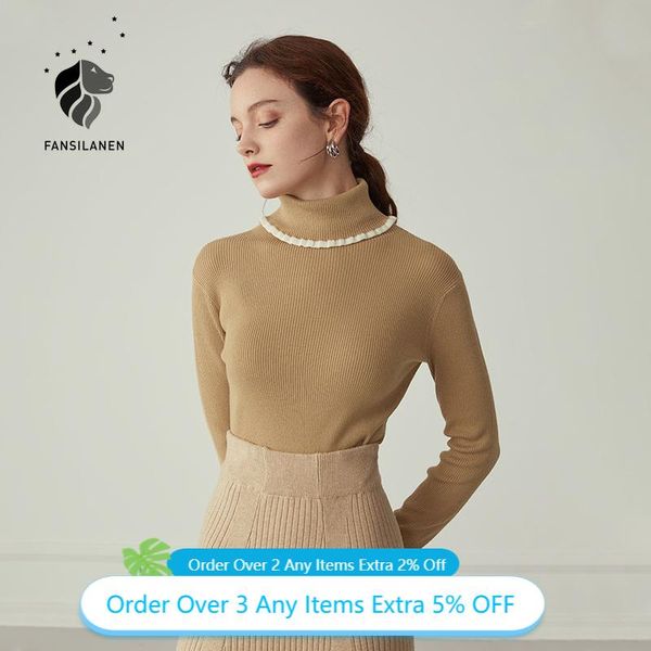 

women's sweaters fansilanen turtleneck ruffle black knitted sweater women long sleeve slim pullover autumn winter basic vintage jumper, White;black