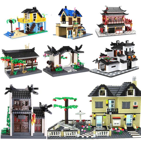 

blocks classics city architecture street view seaside villa garden coffee traditional huistyle house building block kid toy gift 1008