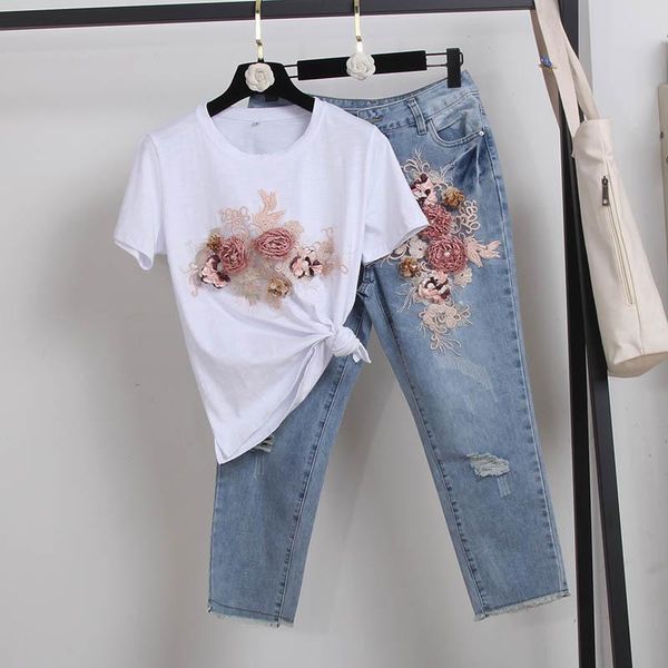 

women's two piece pants summer fashion loose white black cotton t-shirt hole denim outfits women embroidery flowers tee shirt jeans set