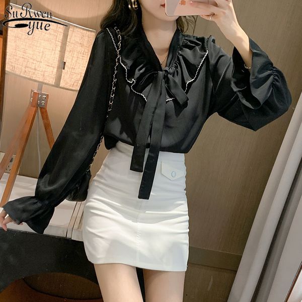 

korean autumn v-neck fashion women shirts long sleeve women's black chiffon blouse vintage ruffles bow collar blusas 11988 210417, White