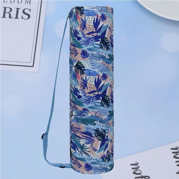

1pc leaves printed canvas yoga mat bag with zipper fashion single shoulder durable sports (blue) mats