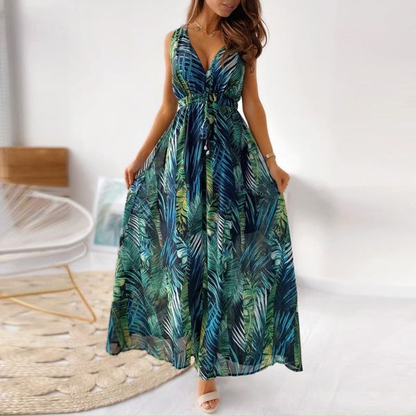 

casual dresses deep v neck print boho sleeveless backless maxi dress 2021 summer tank vintage long for women robe femme, Black;gray