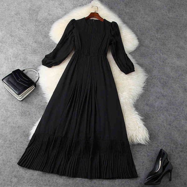 

casual dresses spring 3/4 sleeve round neck black pure color chiffon pleated panelled mid-calf dress elegant high waist lj20t11805 7rm0, Black;gray