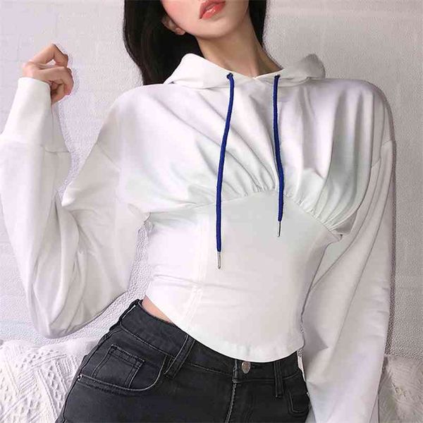 

women hoodies female long sleeve hooded collar spring autumn elegant ladies slim solid drawstring clothing 210522, Black