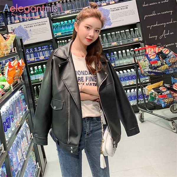 

aelegantmis fashion women loose motorcycle faux leather jackets ladies long sleeve autumn winter biker streetwear coats 211215, Black