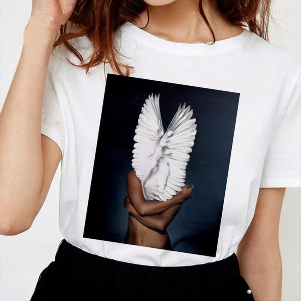 

street beauty feather printing womens t shirts harajuku summer short sleeved fashion white clothing