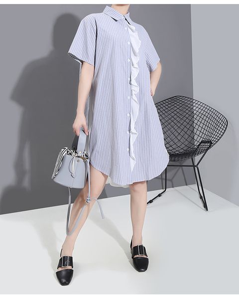 

summer new office lady turn down collar fashion striped shirt chiffon dresses women 210421, Black;gray