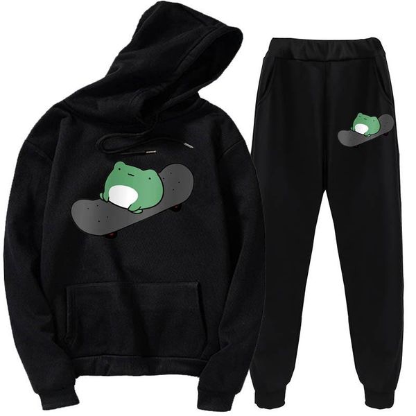 

women's hoodies & sweatshirts 2021 cute skateboard frog kawaii printed sweatpants hoodie 2-piece set harajuku oversized y2k trendy spor, Black