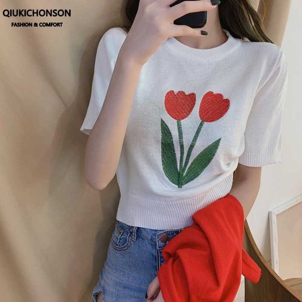 

vintage flower embroidery knitted sweater women summer thin ice silk knit short sleeve cropped jumpers ladies pull femme women's sweate, White;black