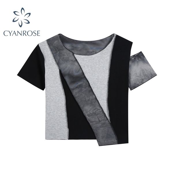 

cool patchwork tie dye women t shirt streetwear vintage round neck short sleeve crop korean fashion harajuku lady 210515, White