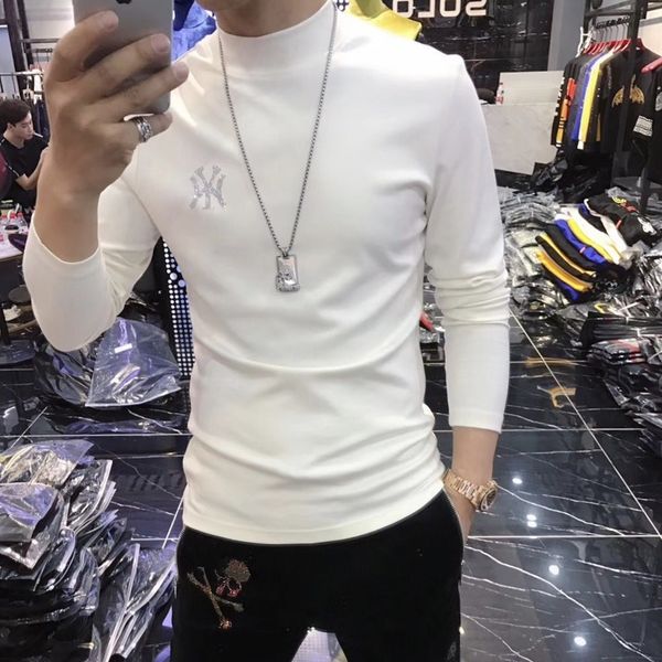 

2021 autumn winter new slim fit half high collar bottoming shirt men's fashion trend ins medium neck long sve t-shirt, White;black
