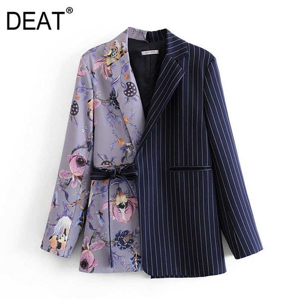 

[deat] women patchwork printed striped blazer lapel long sleeve loose fit jacket fashion spring autumn za3859 210930, White;black