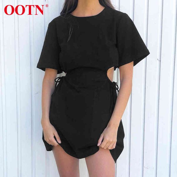 

ootn round neck black mini dress women short sleeve hollow out female lace up chic streetwear summer dresses casual cotton 210413, Black;gray