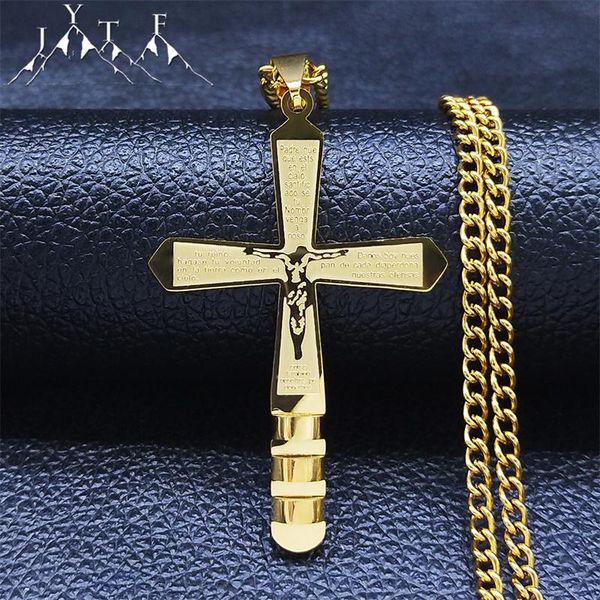 

pendant necklaces christian cross stainless steel long big bible jesus gold color statement necklace jewlery collares hombre n4523s05, Silver
