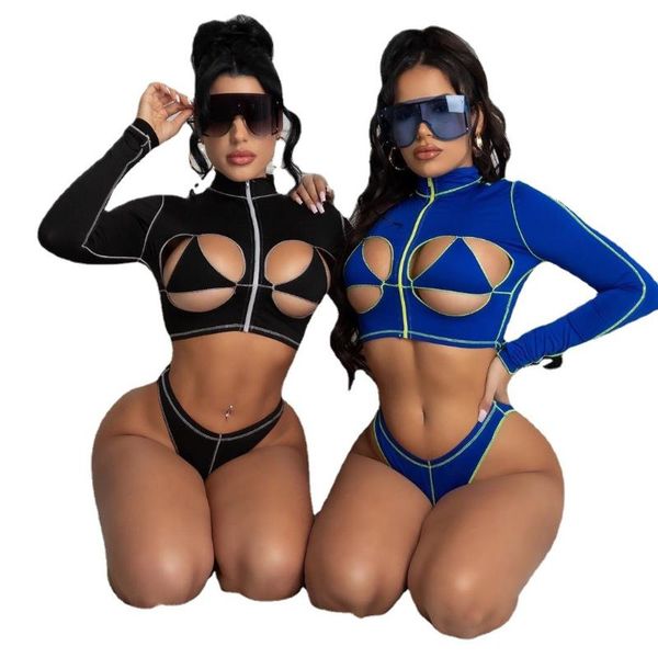 

fashion open navel wave edge long sleeve bathing suit women biquini swimwear maillot de bain femme stroje k pielowe women's, White;black