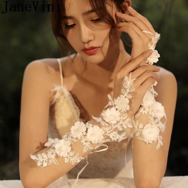 

bridal gloves janevini lace flowers bride fingerless pearls appliqued wedding dress white lace-up glove wrist decorations