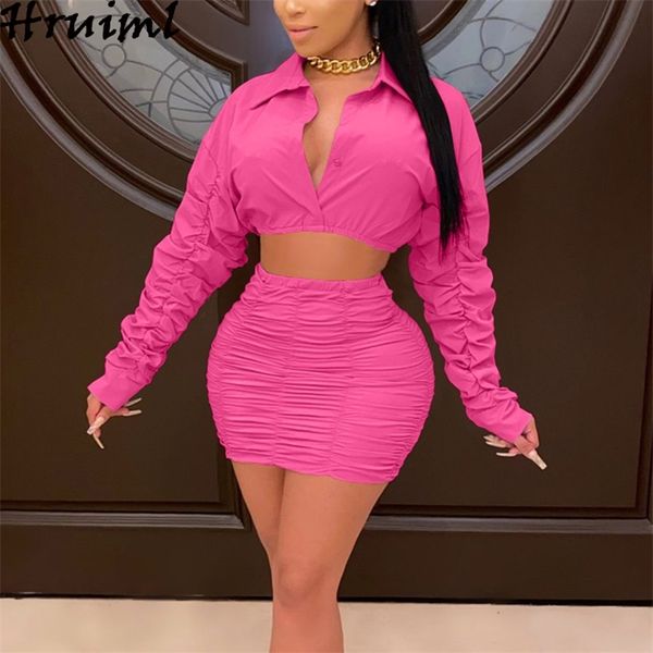 

two piece set women pleated long sleeve crop mini skirt tracksuit matching sets for outfits solid slim short 210513, White