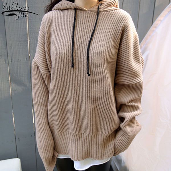 

casual harajuku long sleeve solid color pullover hoodies oversized drawstring women's hoodie loose knitted wool 11847 210417, Black