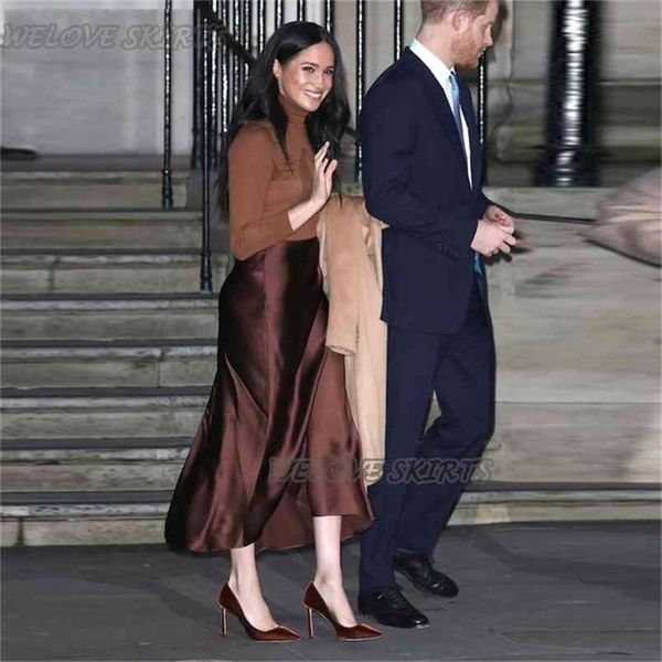 

elegant customized chocolate satin female formal evening skirt a-line office lady zipper back ankle-length women's skirts 210702, Black