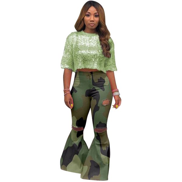 

green camouflage holes fashionable women flare high waist elastic ny bootcut casual trousers full length long pants, Black;white