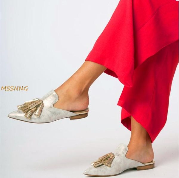 

summer tassels women's sandals fashion fringe solid flat ladies shoes outside pointed toe cozy slippers big size, Black