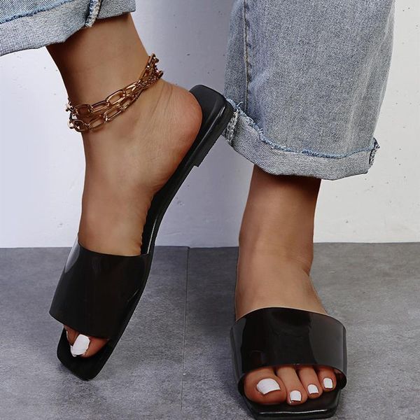 

fashion casual solid color transparent open-toed flat bottom large size outdoor beach women's slippers 2021 summer style, Black