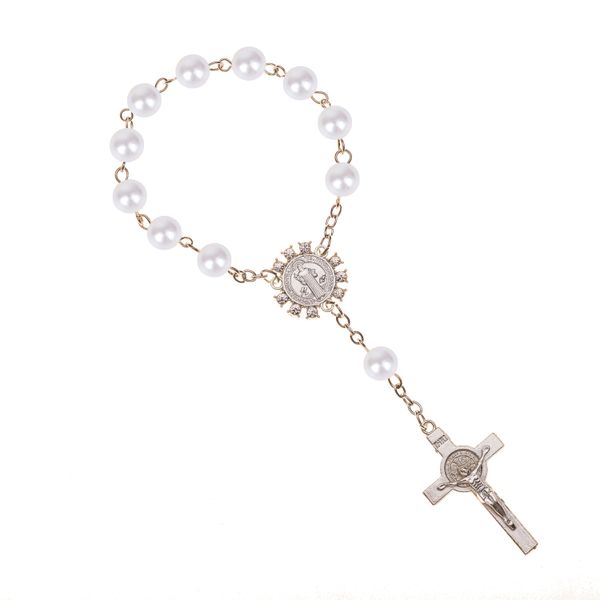 Imitação pérola grânulos católico rosário católico sagrado comunhão prata cor asas crucifix pingentes pulseira presente bom presente