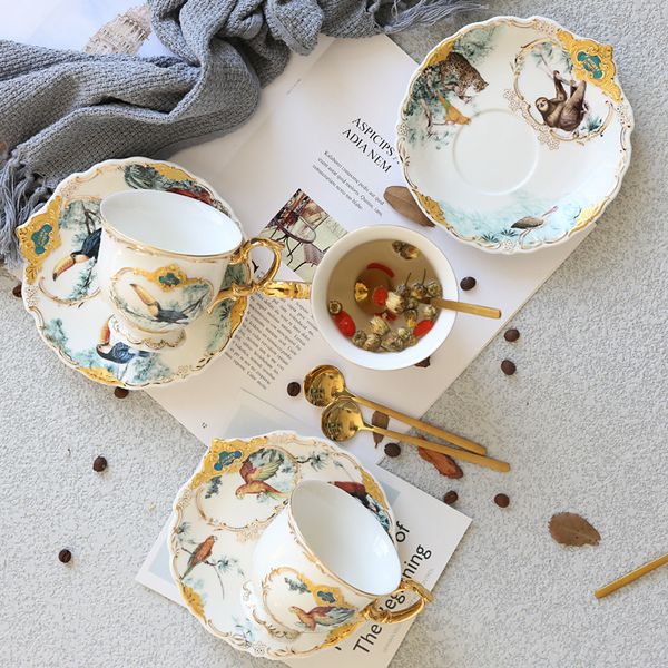 

porcelain coffee tea cups & saucers sets luxury british style jungle with gold edge