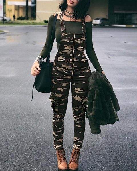 

women's pants & capris stylish camouflage print zipper pinafore jumpsuit, Black;white