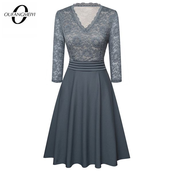 

Women Elegant Vintage Lace See Through Sleeve Casual Party Special Occasion Work Office Tunic Pinup Skater A-Line Dress EA062, Black short sleeve