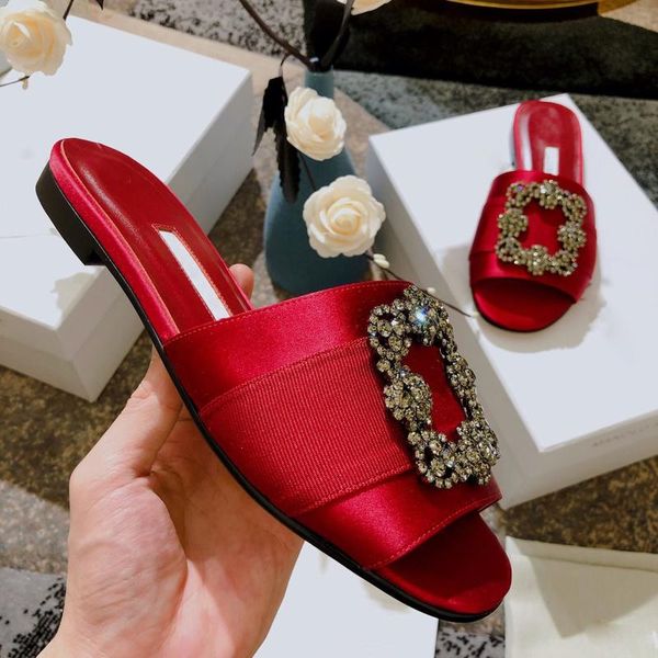

slippers women real silk sandals fashion diamond square buckle luxury designers lady designer slipper sandal leather sole red, Black