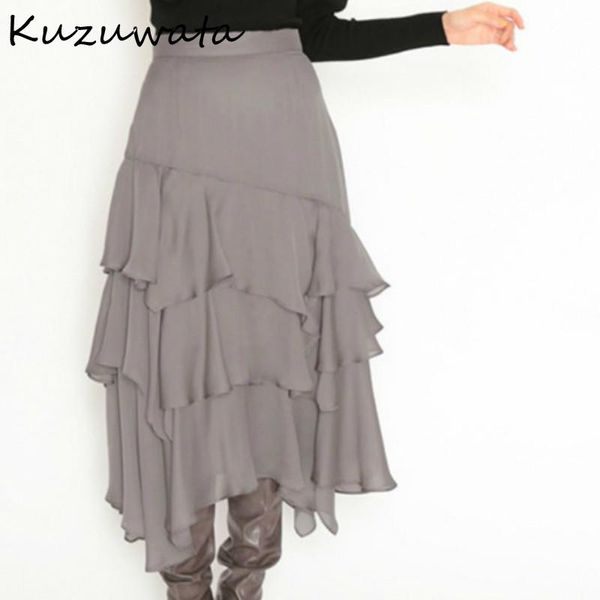 

kuzuwata chic irregular ruffles patchwork women skirt 2021 fashion stretch waist jupe autumn winter sweet skirts, Black
