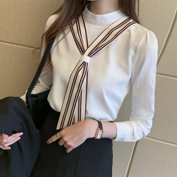 

women's blouses & shirts vintage women autumn 2021 striped spliced o-neck full shirt bow tie fashion western style female, White
