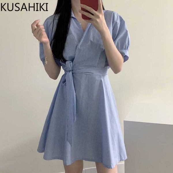 

kusahiki striped blouse dresses bow tie slim waist elegant vestidos summer puff sleeve turn-down collar woman dress 6h726 210602, Black;gray