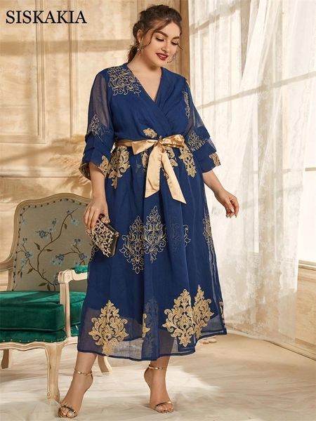 

casual dresses siskakia plus size midi dress for women 2021 ethnic gold thread embroidered arabic dubai turkey moroccan robe 5xl deep blue, Black;gray