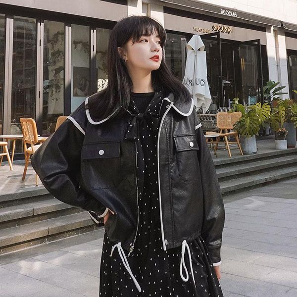 

women's leather & faux 2021 spring autumn women fur coat korean style pu college loose fashion motorcycle female basic jackets, Black