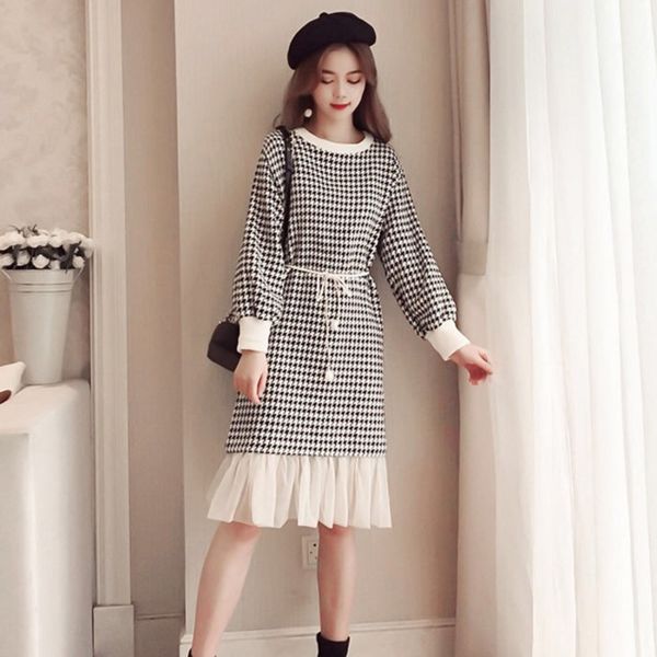 

winter new ladies houndstooth casual loose striped print mid-length over-the-knee temperament mesh skirt woolen dress women 210422, Black;gray