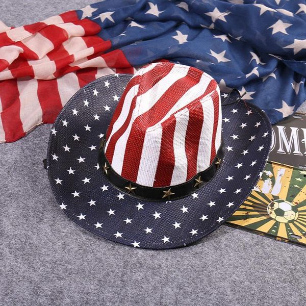 

wide brim hats american flag print sunhat western style men women independence day foldable cowboy hat bucket cap visor casual caps 2021, Blue;gray