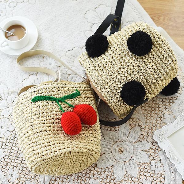 

evening bags drawstring straw bucket shoulder summer female cherry handmade wallet beach woven shoudler messenger bag shopping purse