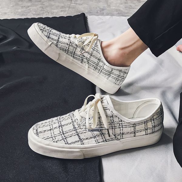 

mens shoes summer casual trend all-match low canvas teenagers black and white plaid flat heel inner height increasing board