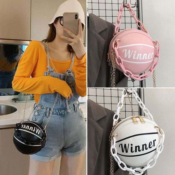 

female personality basketball hand bag women chains handbag creative letter shoulder messenger mini round tote waist bags