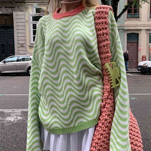 

women's sweaters striped green knitted woman's sweater casual fall streetwear long sleeve shirts of large size vintage femme dimen, White;black