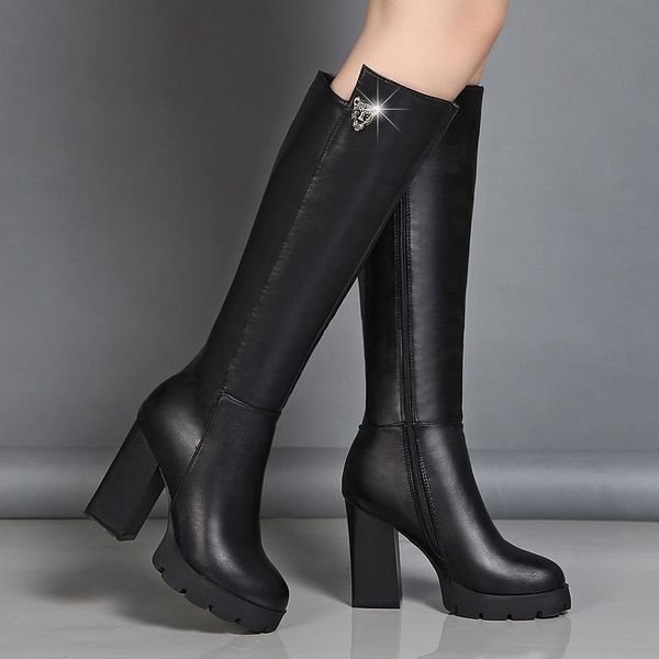 

boots women 2021 autumn knee high female pu leather platform block heels shoes ladies solid slip on fashion long boot, Black